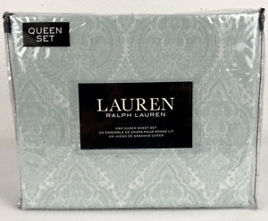 🛌Ralph Lauren Queen Sheet Set White Light Green Medallion Paisley 4PC Cotton