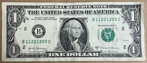 TRUE TRINARY $1 Dollar Bill B 11221200 C FANCY SERIAL NUMBER 2017A $1 - Picture 1 of 2