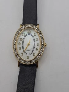 Crystals Watch Women Gold Tone MOP Oval Dial Black Band New Battery Working - Picture 1 of 13