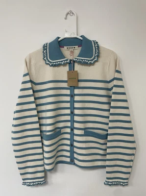 Cárdigan para mujer Boden Jessie cuello volantes marfil pato huevo azul rayas talla M Foto 1 de 4