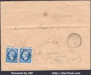 FRANCE N°14Bx2 SUR LETTRE AVEC PC 1030 CRESSENSAC LOT + CAD DU 15/08/1862 - Picture 1 of 2