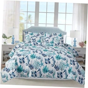 Beach Quilt Sets Twin Size Ocean Theme Bedspread Coastal Bedding Set Blue - Picture 1 of 8