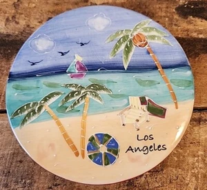 Los Angeles Ceramic Trivet Souvenir, Palm Trees, Ocean, Boat Beach - Picture 1 of 5