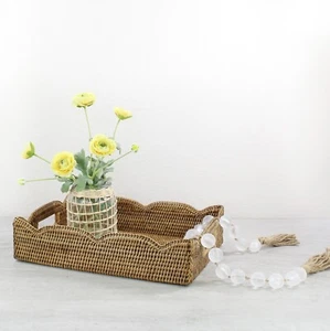 NEW Waved Edge Tight Woven Rattan Tray with Handles, Medium, Honey Brown - Picture 1 of 4