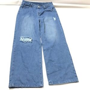 Women Size XL Denim Ripped Pants Wide Leg Jeans Baggy Palazzo Distressed New