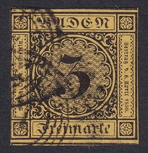 BADEN 1852 Numeral 3k on Yellow SG 3 Used (CV £26) - Picture 1 of 1