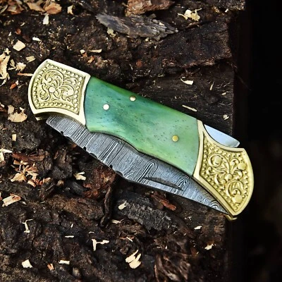 Cuchillo de Bolsillo Hecho a Mano Real Damasco Hoja Plegable Acero Original Tinte Hueso Mango Foto 1 de 4