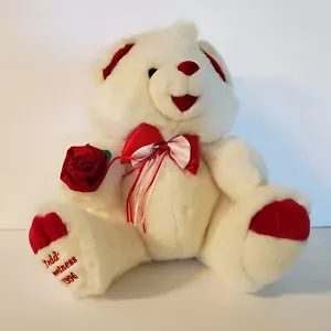 Teddy Sweetness Teddy Bear 1996 Plush Stuffed Animal- Red White Bow Rose - 16 in - Picture 1 of 8