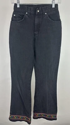 Винтажные расклешенные джинсы 90-х для девочек 23x30 НАСТОЯЩИЕ выцветшие черные джинсовые с вышитым подолом  - Изображение 1 из 4