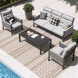 4 Pieces Aluminum Patio Furniture Set Outdoor Sectional Sofa Conversation Sets - Picture 1 of 43