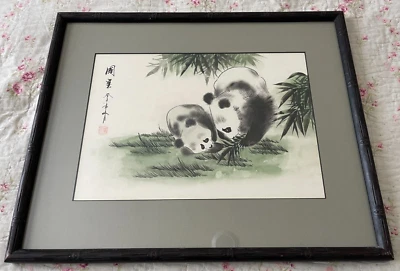 JIAN FENG CHINESE NATIONAL TREASURE PANDA PAINTING SIGNED 21X17 FRAMED WATERCOLO - Image 1 of 4