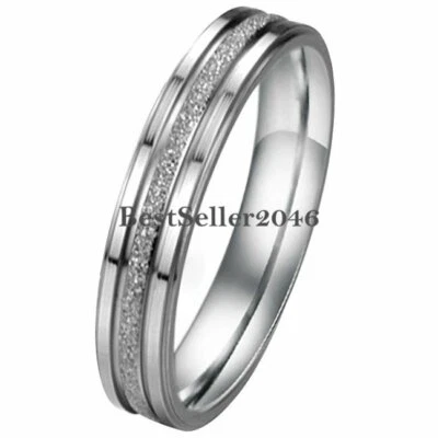 Stainless Steel Silver Frosted Centered Wedding Engagement Rings Couples Band - Image 1 of 4