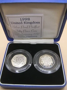BULLION 1998 Royal Mint Fifty Pence Silber PP zwei Münzen Piedfort Set EU & NHS - Bild 1 von 6