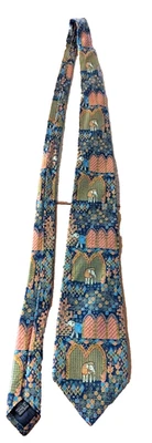 Richel Royal Men's Silk Necktie Geometric Blue/Gold Elephants Handmade In Spain  - Image 1 of 4