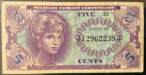 1965-1968 USA-MILITARY  PAYMENT PAPER MONEY - 5 CENTS SERIES 641 NOTE! - Picture 1 of 2