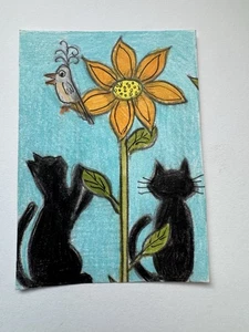 Tarjeta coleccionable de arte original Aceo, gatos negros jugando afuera, arte de Sommer Rayn - Imagen 1 de 3