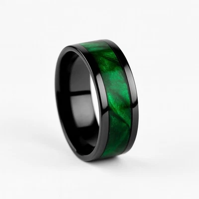 Anillo con incrustación de carcasa verde - Impresionante negro de acero inoxidable unisex talla 11 Foto 1 de 3