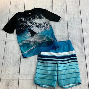 Boy's Old Navy sz 10 12 L Swim Trunks Swim Shirt Lot of 2 Blue Shark Shorts Set - Picture 1 of 15