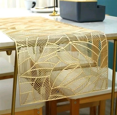 Gold Leaf Pattern Table Runner PVC Hollow Out Dining Decor 91x31cm Modern - Image 1 of 3