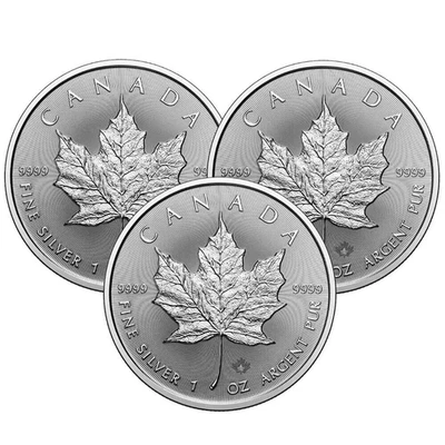 Lote de 3 monedas de plata hoja de arce 0,9999 canadienses de 1 oz 2022 BU $5 Foto 1 de 3
