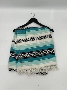 Vintage Beautiful Hand Woven Aztec Style Blue White Mat Rug Retro Large 56”x 78” - Picture 1 of 4