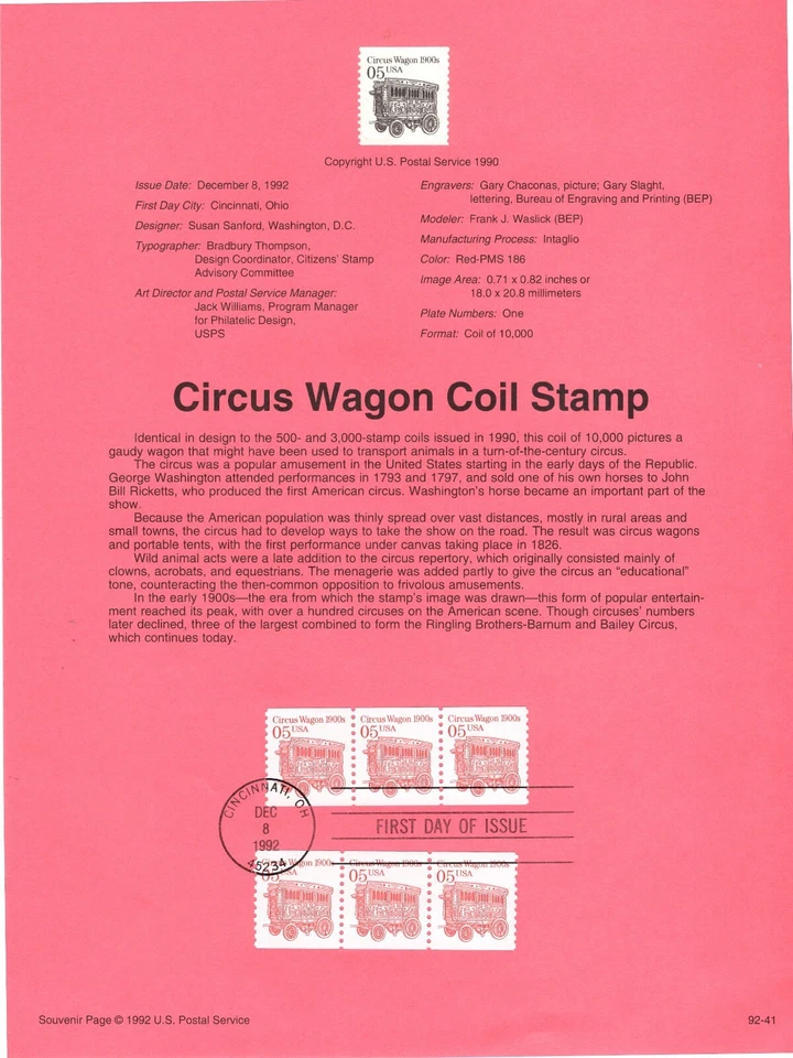 #2452B - Serie de transporte 5c 1992: Circus Wagon 1900 página de recuerdo ST2891 Foto 1 de 1