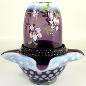 Vtg Fenton Fairy Lamp PLUM Art Glass Drape 2003 Plum Opalescent 3 Piece Coin Dot - Picture 1 of 21