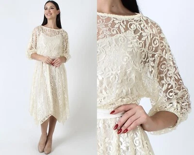 Vtg Cream Sheer Lace Hi Low Hem Dress Victorian 70s Draped Batwing Bridal Midi - Image 1 of 4