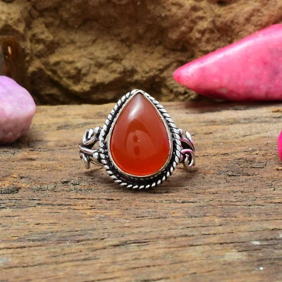 Brillante Rosso Corniola Gemma 925 Argento Sterling Handmade Anello Tutti Misura - Immagine 1 di 3