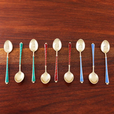 9 EGON LAURIDSEN ELA DANISH MID-CENTURY 925S GILT & ENAMEL DEMITASSE SPOONS Cover