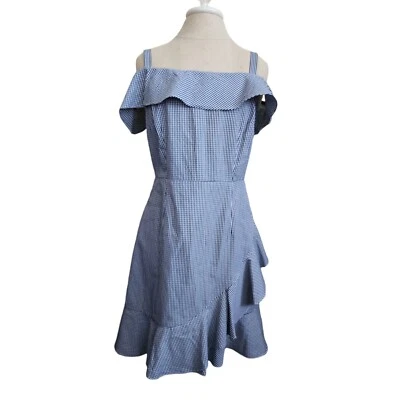 Vestido DONNA MORGAN Azul Blanco Volantes Guinga Talla 10 Nuevo con Etiquetas $118 Volantes Pinup Foto 1 de 4