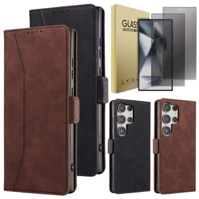 For Samsung S24 Ultra Leather Flip Magnetic Case Cover / Privacy Tempered Glass - Image 1 of 4