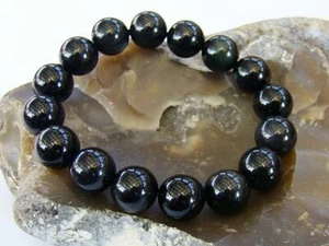 Women Natural Gemstone Beaded Bracelet 12mm Black Obsidian beads 6inch - Picture 1 of 2