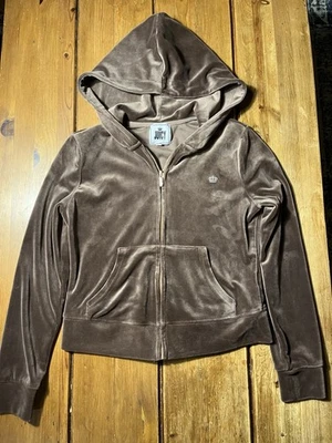 Juicy Couture бархата куртка с капюшоном полный молнии коричневый с золото блестящий размер маленький - Изображение 1 из 4