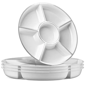 6 Sectional Round Plastic Serving Tray Platters White Silver Pack of 2 - Picture 1 of 8
