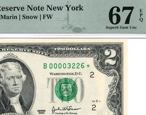 2003* $2 New York STAR Federal Reserve Note 1937-B* LOW Serial "3226" PMG 67 EPQ - Picture 1 of 3