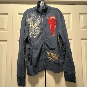 Felpa grande giacca tatuaggio Ed Hardy Christian Audigier blu New York Flying Eagle - Foto 1 di 21