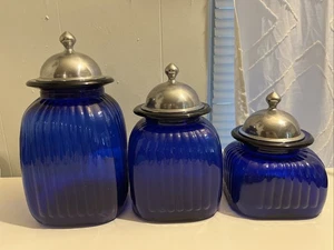 Vintage Artland Cobalt Ribbed Apothecary Jar Canisters With Metal Lid, Set of 3 - Picture 1 of 9