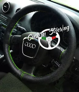 FITS AUDI A6 C6 2004-10 PERFORATED LEATHER STEERING WHEEL COVER GREEN STITCH - Picture 1 of 6