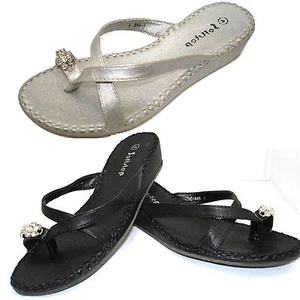 LADIES PARTY LOW WEDGES TOE POST SOFT INDIAN DIAMANTE SANDALS EVENING SIZE F-446 - Picture 1 of 7