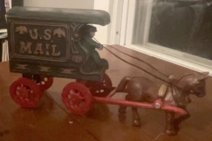 Vintage Cast Iron Toy Horse Team Drawn U.S. Mail Cart With Driver. Late 1800's - Picture 1 of 6