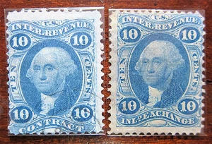 Set of 2x US R34c & R36c 10c Inland Exchange & 10c Contract Revenue Stamps Rare - Picture 1 of 2