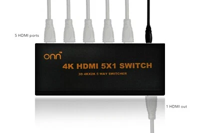 ONN 5-Port High Speed HDMI Switch with IR Wireless Remote and AC Power Adapter - Image 1 of 4