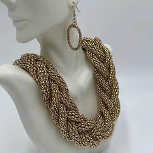 Gold Tone Mesh Style Chain Braided Extra Chunky Statement Necklace Earrings Set - Picture 1 of 4