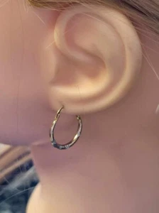 10K Solid Two Tone Gold Bright Polish Leverback Hoop Earrings with Design 17 mm - Picture 1 of 11