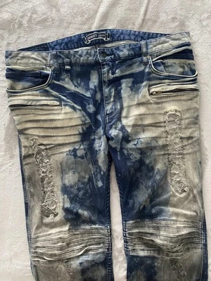 Robins Jean Jeans Mens 40 Blue Tie Dye Distressed Moto Biker Zipper Pockets USA - Image 1 of 4