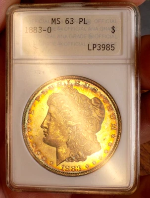 MORGAN SILVER DOLLAR 1883 O ANA MS 63 PL MONSTER SUNSET RAINBOW FIRST ANACS!! - Image 1 of 4