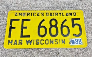 Vintage 1988 Wisconsin Dairyland License Plate March Yellow # FE 6865-Collector - Picture 1 of 2