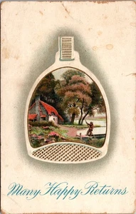 Vintage Viele Happy Returns Postkarte mit Hütte & Fischer 1915 - Bild 1 von 2