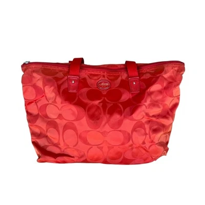 COACH Red Signature Nylon Weekender Tote Bag Purse Zip Top Large Shoulder Bag - Image 1 of 4